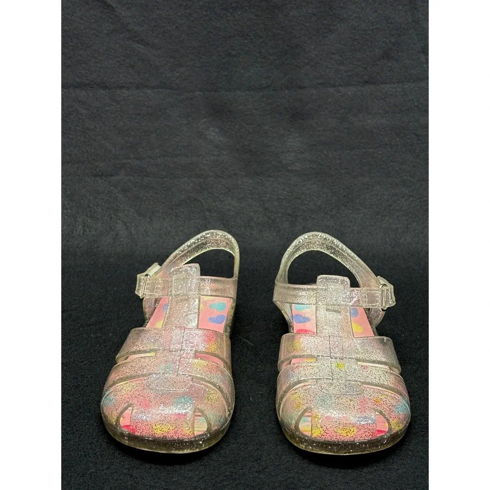 Wonder Nation Girls Clear Glitter Jelly Sandals Heart Print Fisherman Size 11